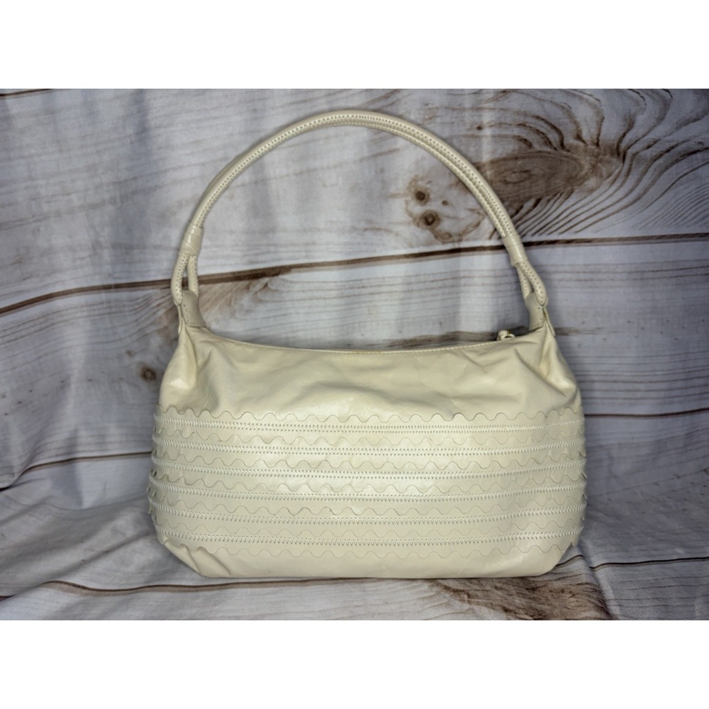 Vintage Sigrid Olsen 100%‎ Leather Hobo Shoulder Bag Ivory Detailed Zip Closure